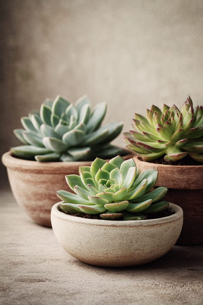 Small ceramic pots with echeveria succulents, showcasing heat-tolerant plants ideal for container gardening