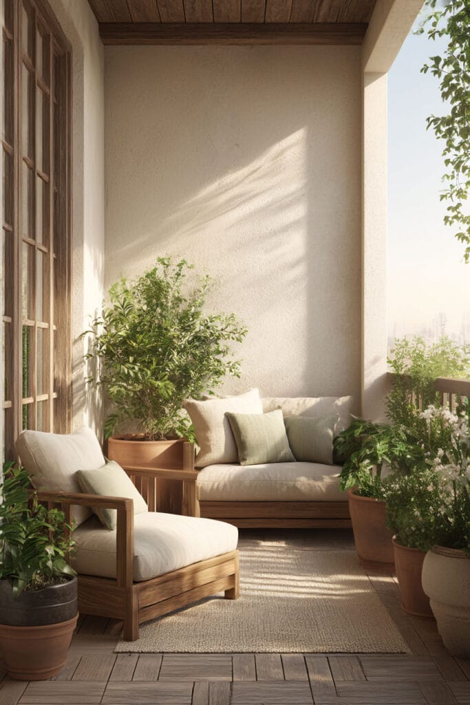 Cozy balcony seating area with terracotta pots filled with heat-tolerant plants and greenery in warm sunlight
