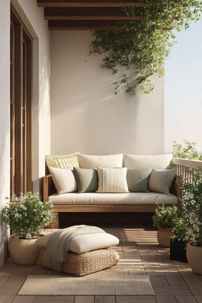 Cozy balcony seating with neutral cushions surrounded by terracotta pots filled with heat-tolerant flowering plants