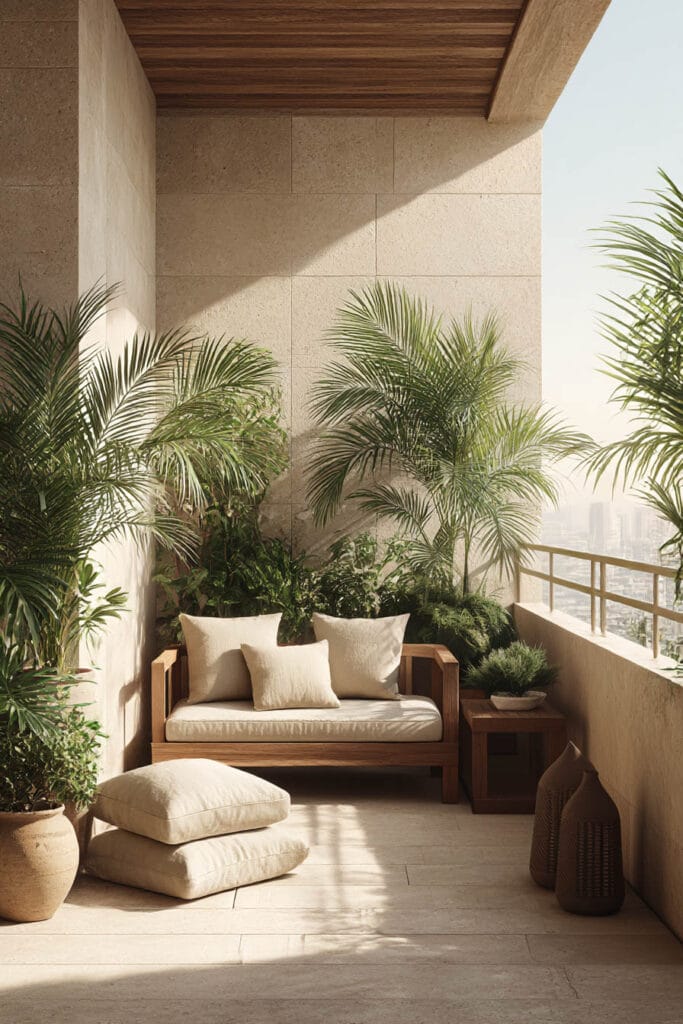 Small balcony garden with potted palm plants and neutral seating, styled with heat-tolerant container plants