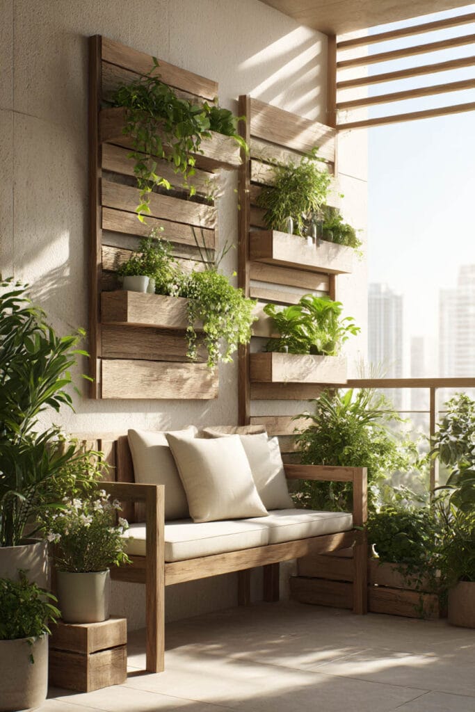 Small balcony with vertical wooden wall planters and lush greenery, styled for a space-saving container garden