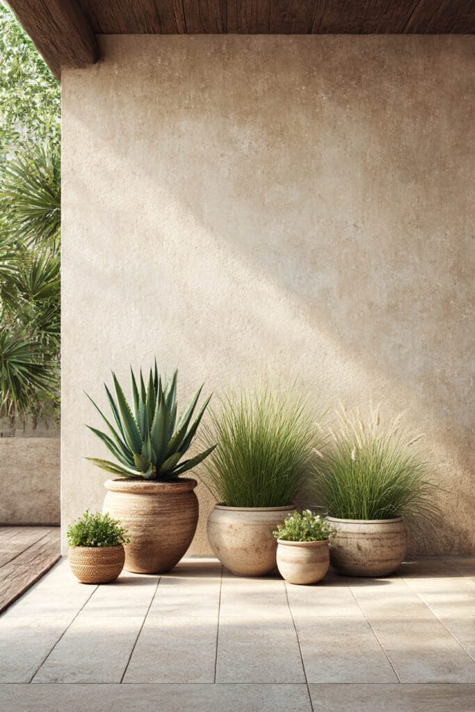 Agave and ornamental grasses in neutral pots arranged against a textured wall, featuring drought tolerant plants and low water plants for hot climates