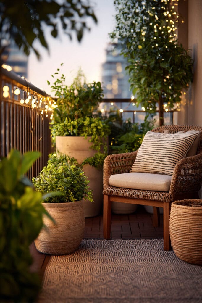 cozy balcony container garden with warm string lights neutral planters outdoor seating styled evening space