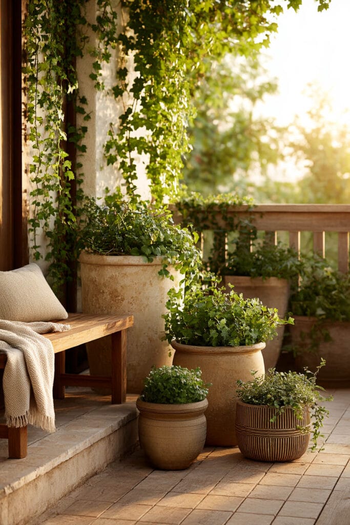 Layered container garden with terracotta planters in varying heights beside a wooden bench creating a balanced and designer-inspired outdoor space