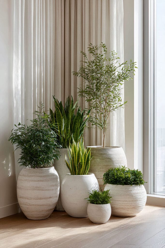 minimal container garden with neutral textured planters and layered indoor plants in bright modern corner with natural light