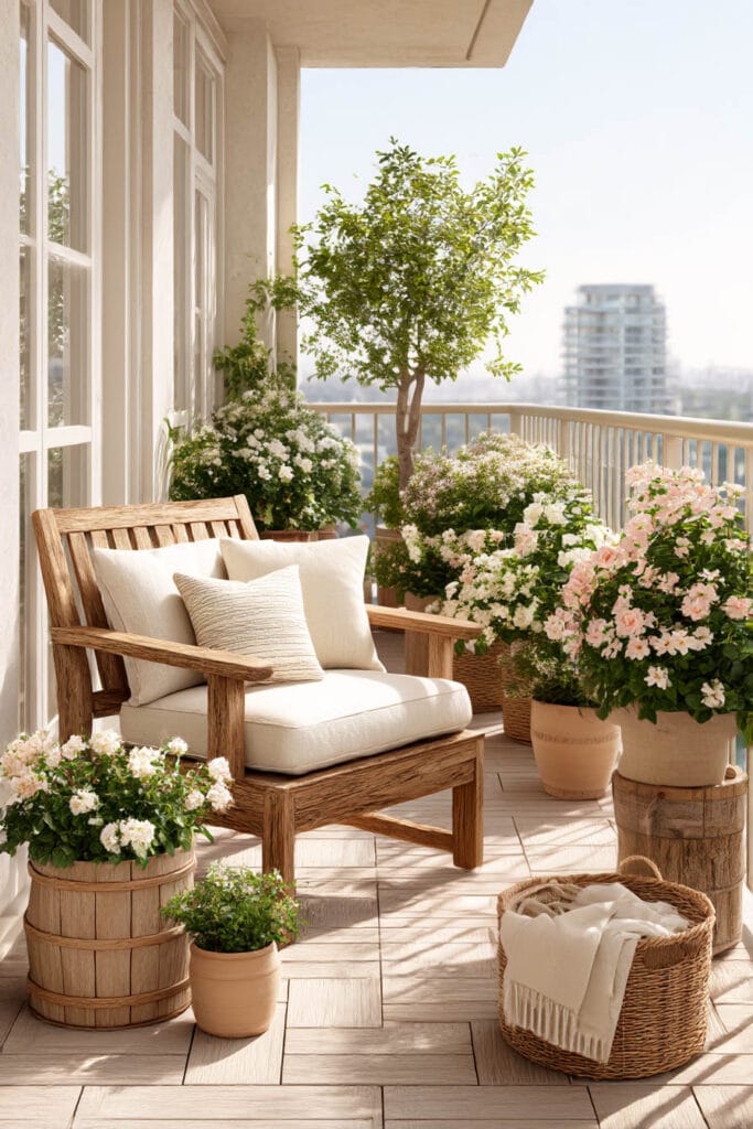 Cozy balcony garden with flowering plants in containers and wooden chair, designed for a small sunny outdoor space