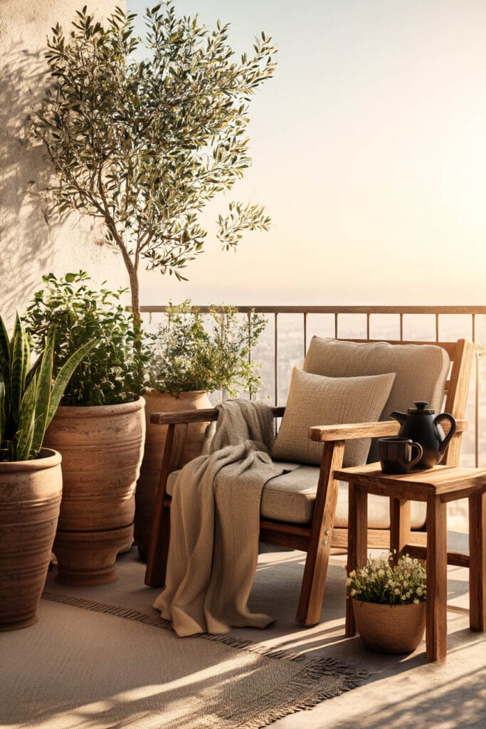 Minimal balcony garden with olive tree in a pot, neutral seating, and heat-tolerant container plants