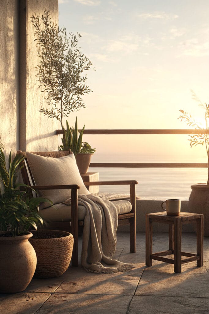 Cozy balcony garden at sunset with wooden chair, potted plants, and warm natural light in a small outdoor space