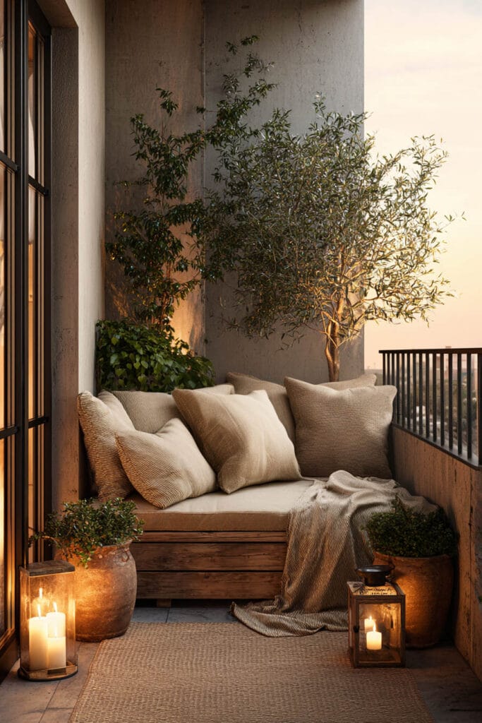 Cozy balcony lounge with cushions, candles, and potted plants, styled for a small warm outdoor space