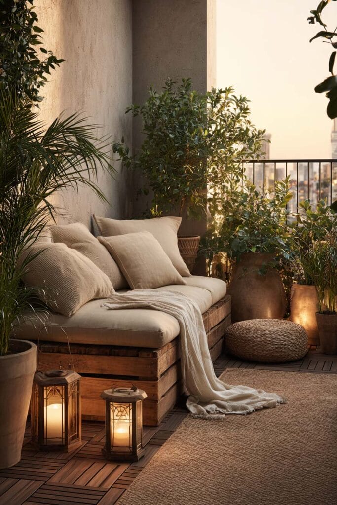 Cozy small balcony lounge with warm lighting, potted plants, and neutral seating in a heat-friendly outdoor space