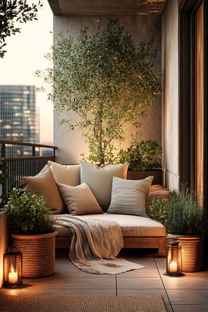 Small balcony lounge with cushions, potted greenery, and warm lantern lighting in a cozy outdoor space