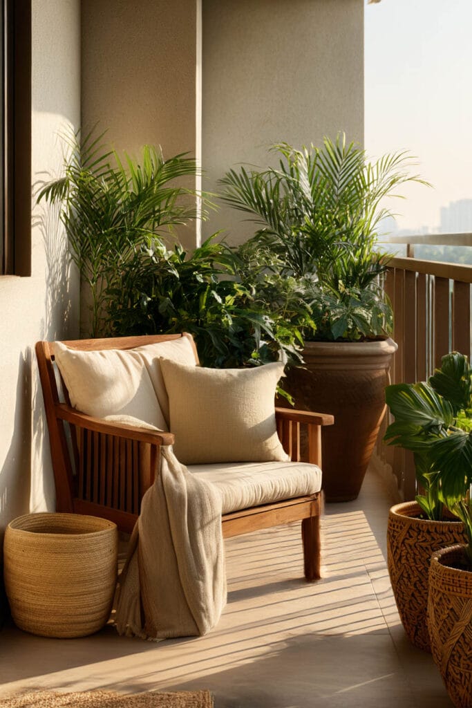Small balcony with cozy wooden chair and potted palm plants, styled for a warm, sunlit container garden