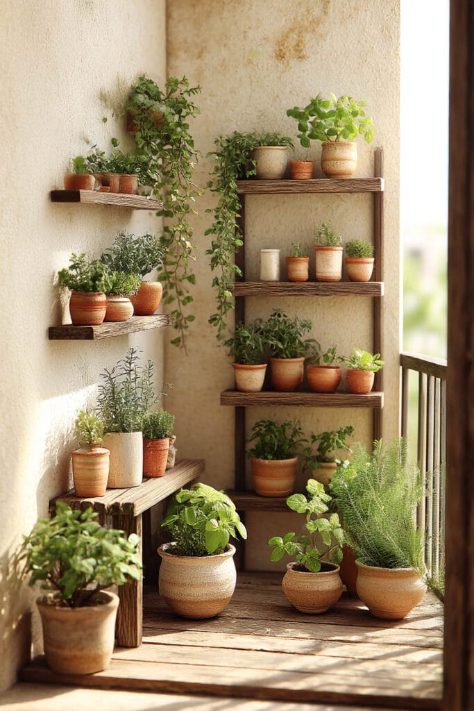 Small balcony with vertical wooden shelves filled with potted herbs and greenery in terracotta pots