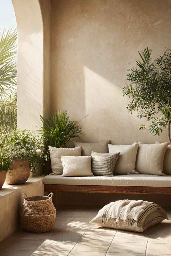Cozy minimalist balcony seating with neutral cushions, potted plants, and warm natural sunlight