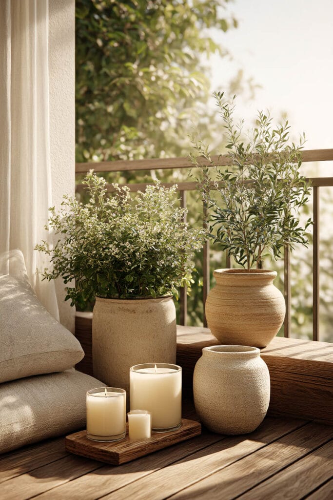 Small balcony with easy-care potted plants, neutral ceramic pots, and candles creating a cozy outdoor setup