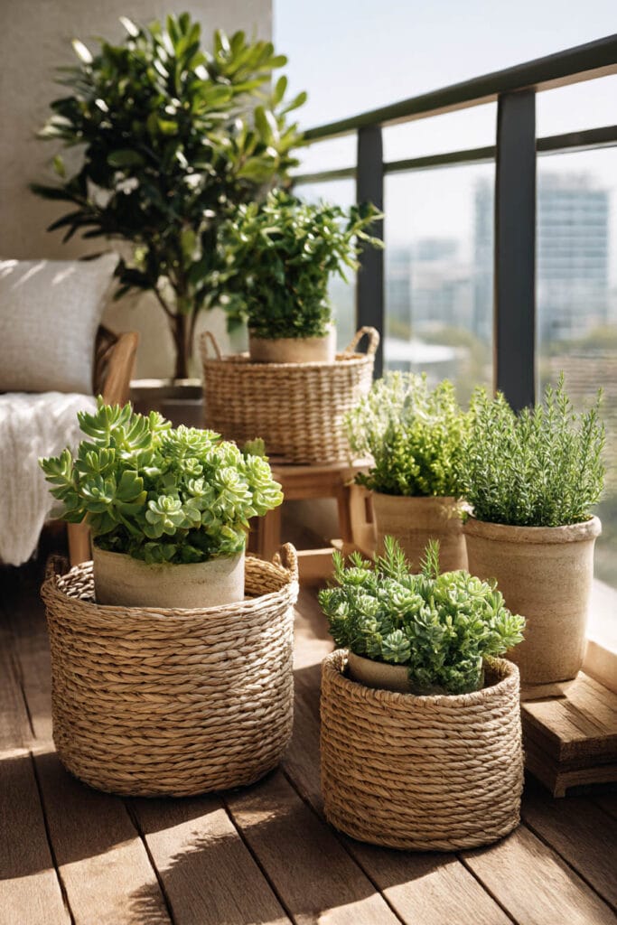 Heat-tolerant succulents and herbs in woven baskets and clay pots arranged on a sunny balcony, featuring low water container plants for hot climates