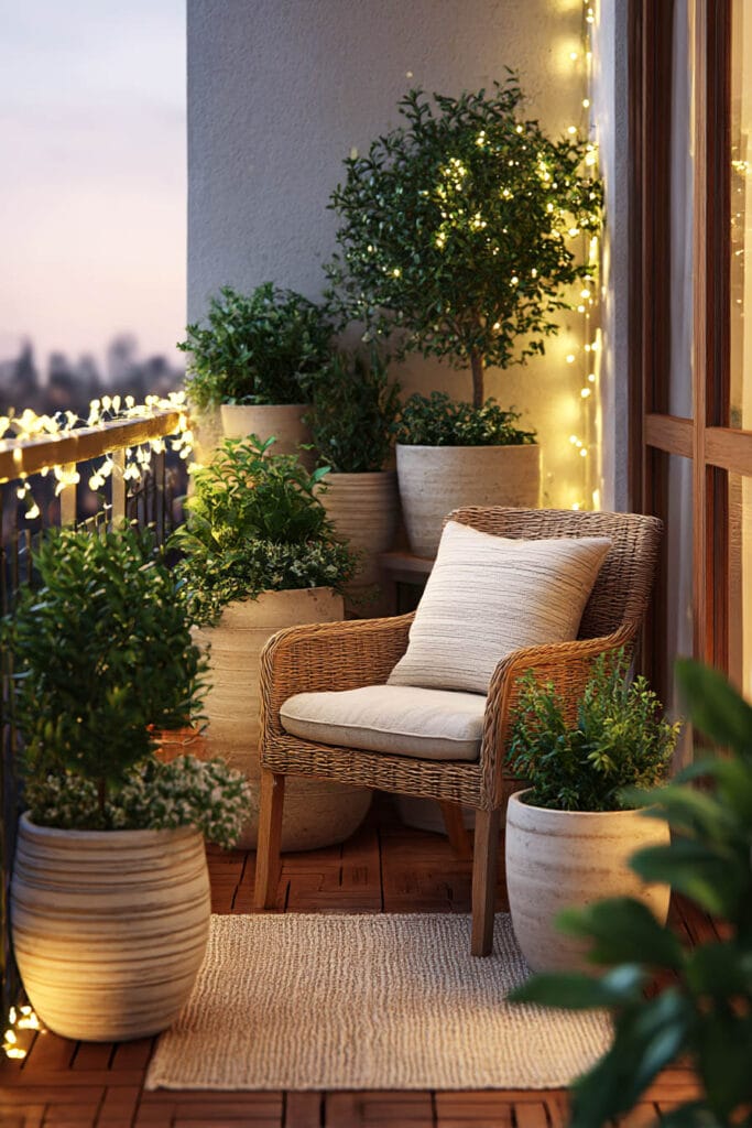 cozy balcony container garden with string lights neutral planters woven chair outdoor evening lighting