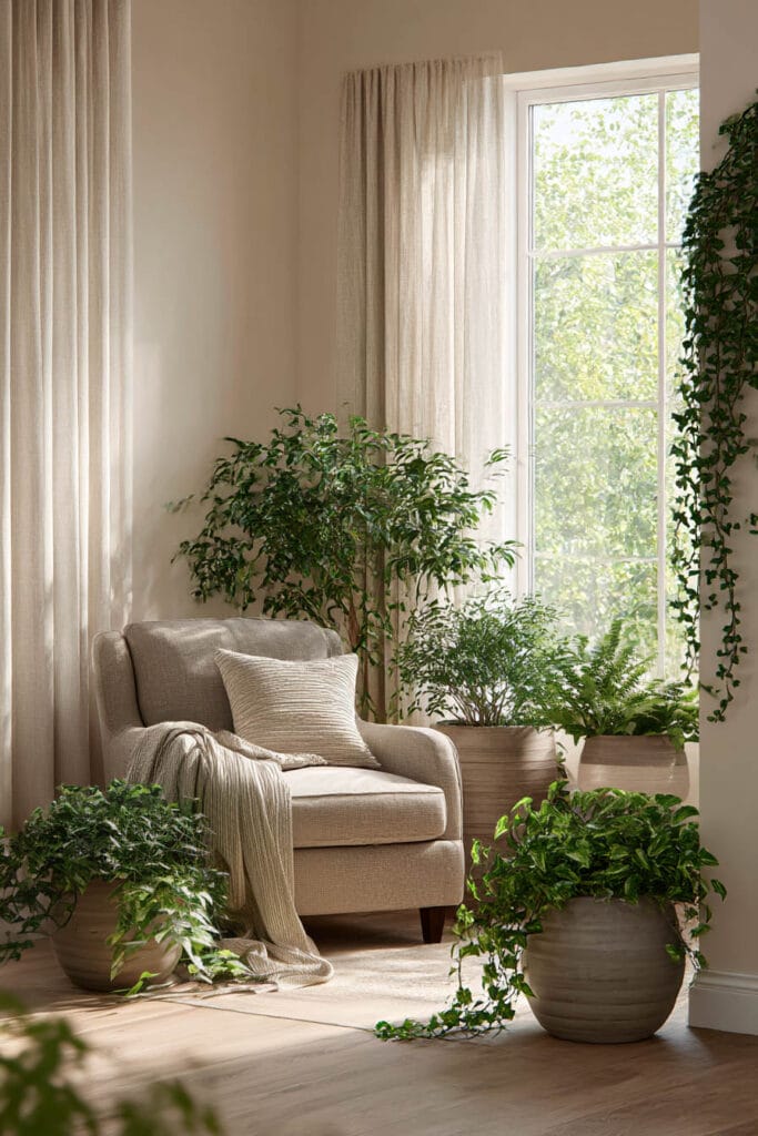 minimal container garden styled indoor corner with neutral armchair and layered houseplants in soft natural light
