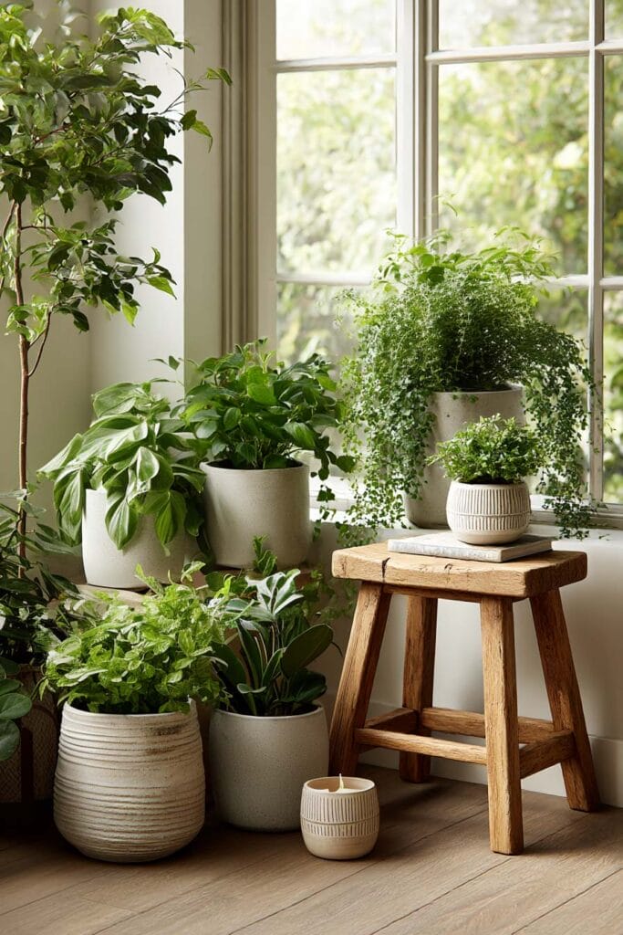 Indoor plant corner with clustered planters and a wooden stool near a window creating a cozy and intentionally styled space