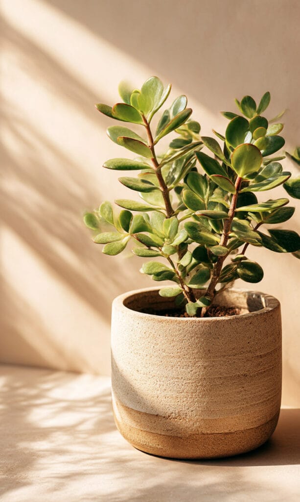 Jade plant in a neutral ceramic pot placed in warm sunlight, perfect easy-care indoor plant for beginners