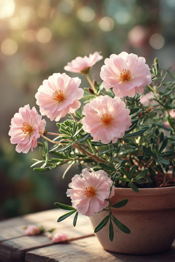 Soft pink flowering plant in a terracotta pot with delicate blooms and green foliage in warm sunlight