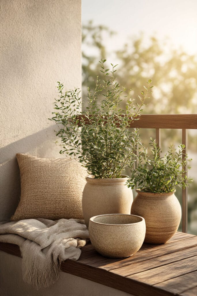 Easy-care green plants in neutral ceramic pots on a cozy balcony with soft sunlight and textured cushions