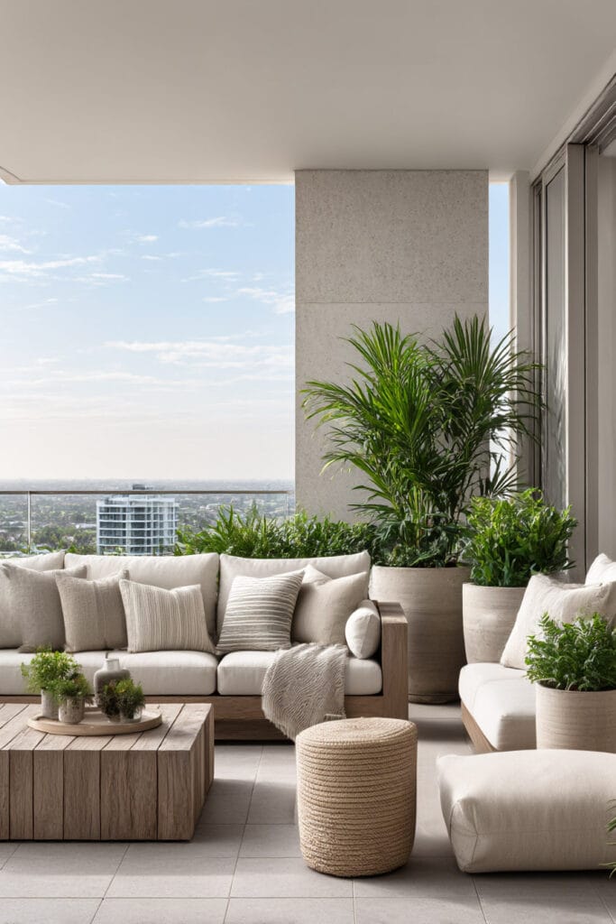 Modern balcony lounge with neutral outdoor seating, large planters, and heat-tolerant plants in a sunlit space