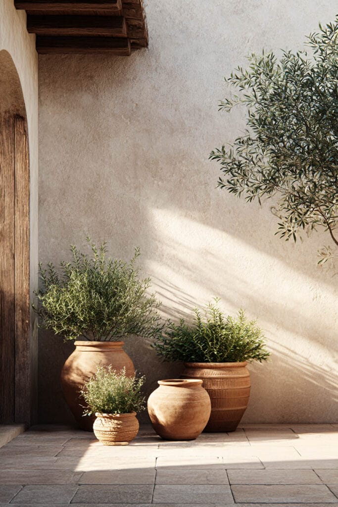 Terracotta planters with heat-tolerant greenery styled against a textured wall in warm sunlight