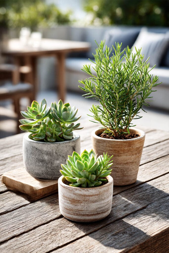 Small potted succulents and rosemary plant styled on a wooden outdoor table in natural sunlight
