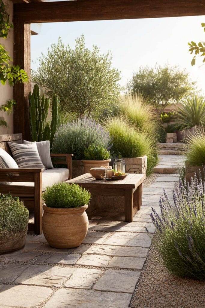 Drought-tolerant patio with lavender, ornamental grasses, cactus, and olive tree in warm natural sunlight