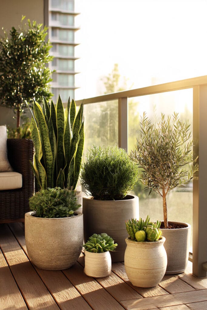 Drought-tolerant balcony plants including snake plant, succulents, and olive tree in neutral pots with warm sunlight
