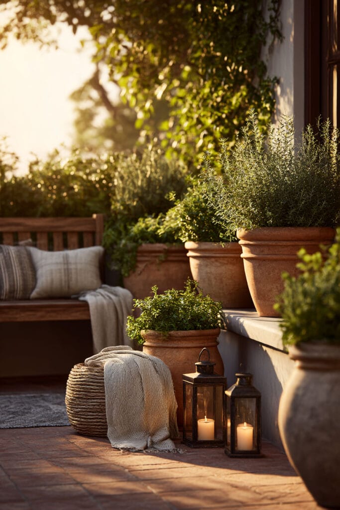 cozy container garden with terracotta planters candle lanterns outdoor seating warm evening lighting styled patio