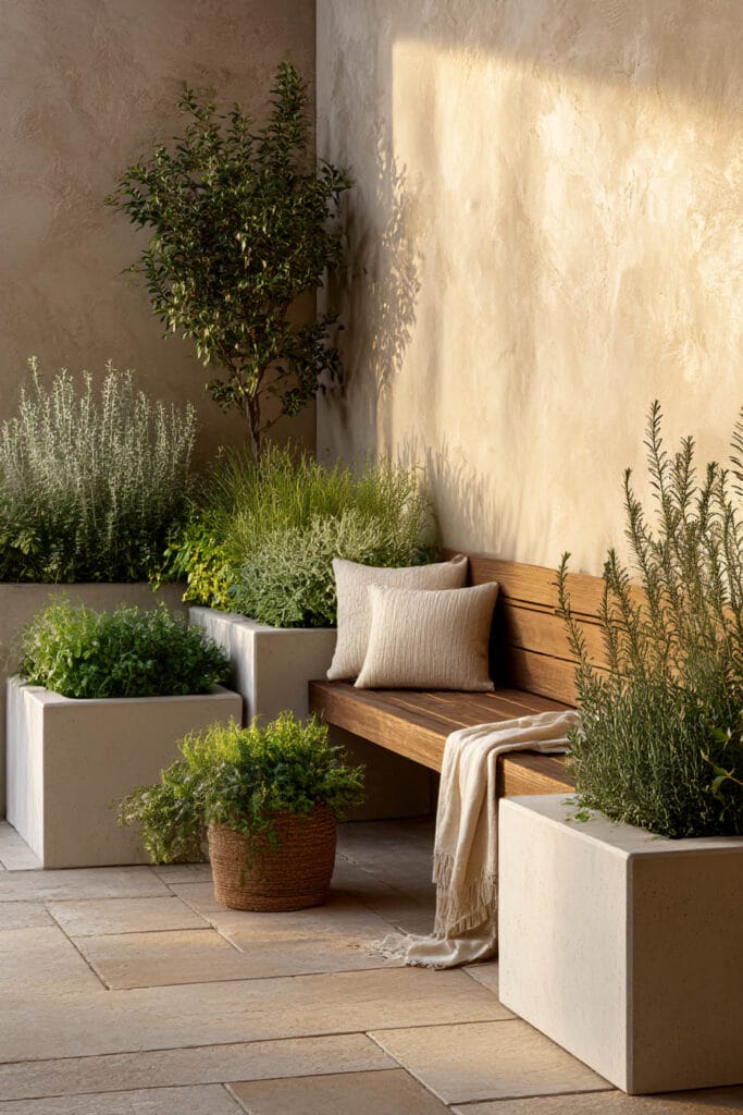 Modern patio with low wide planters surrounding a wooden bench and layered greenery in a minimalist outdoor space