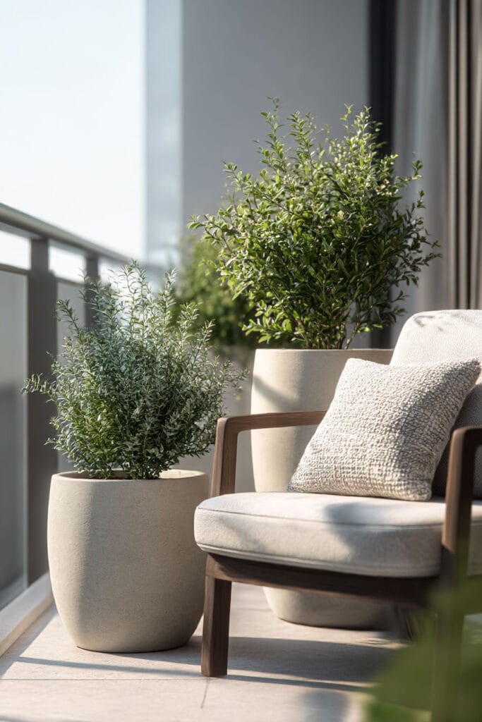 minimal container garden with neutral planters and small balcony seating in soft natural light modern outdoor space