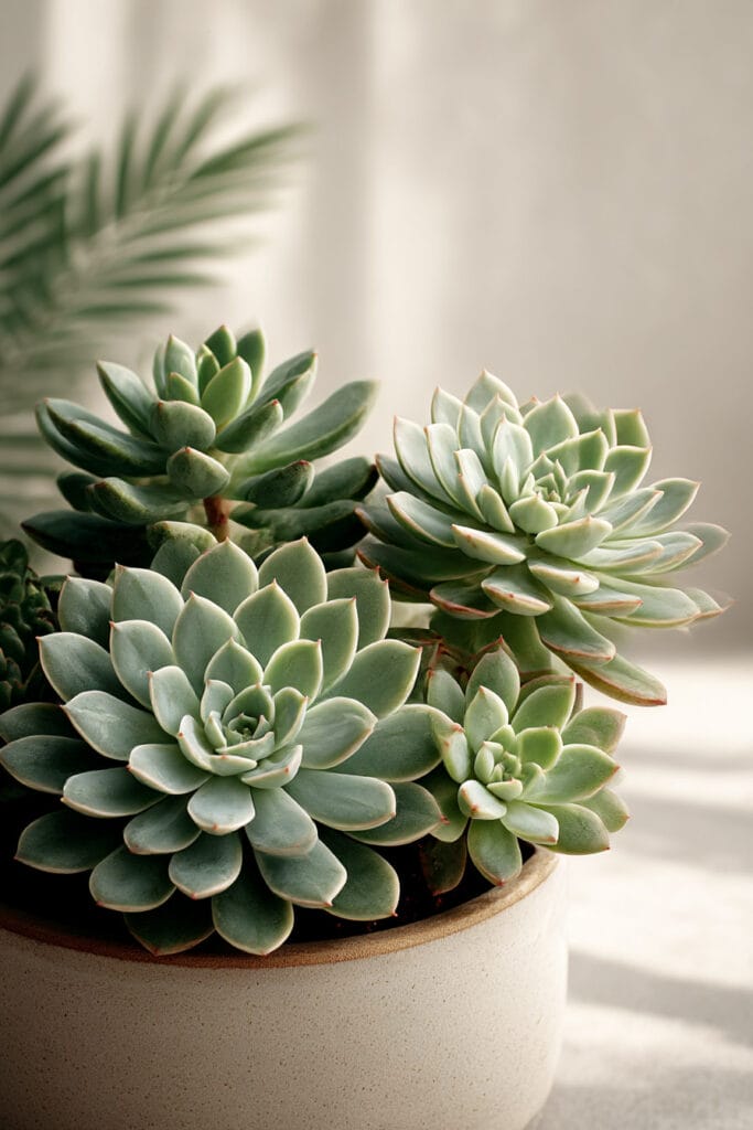 Close-up of succulent plants with thick leaves in a ceramic pot, showing drought tolerant plants that store water and thrive in hot climates