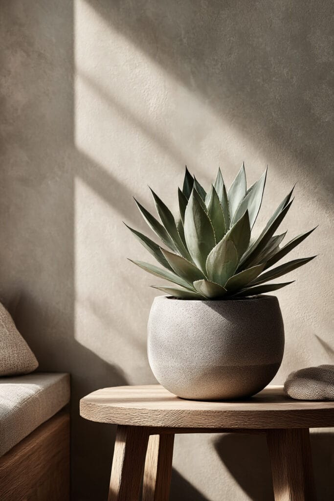 Agave plant in a neutral ceramic pot placed on a wooden table in warm sunlight, showing a drought tolerant plant suited for hot climates and low water care