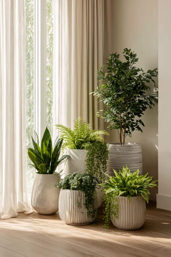cozy indoor container garden with textured neutral planters layered houseplants modern natural decor styling