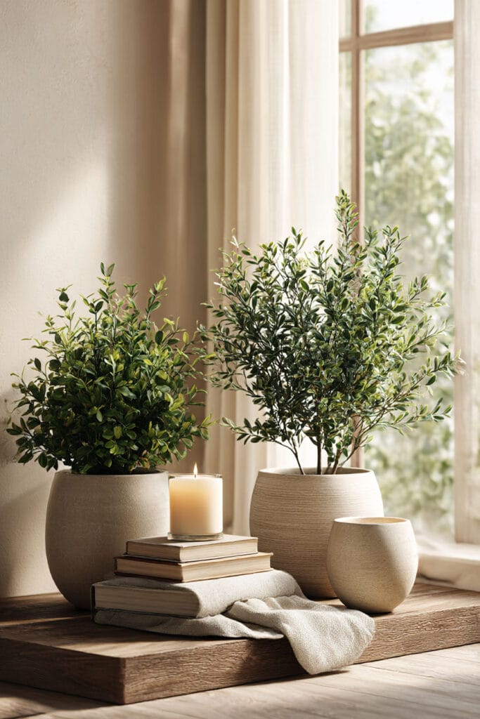 minimal container garden styled as decor with neutral planters, indoor plants, candle, and books on wooden surface in soft natural light
