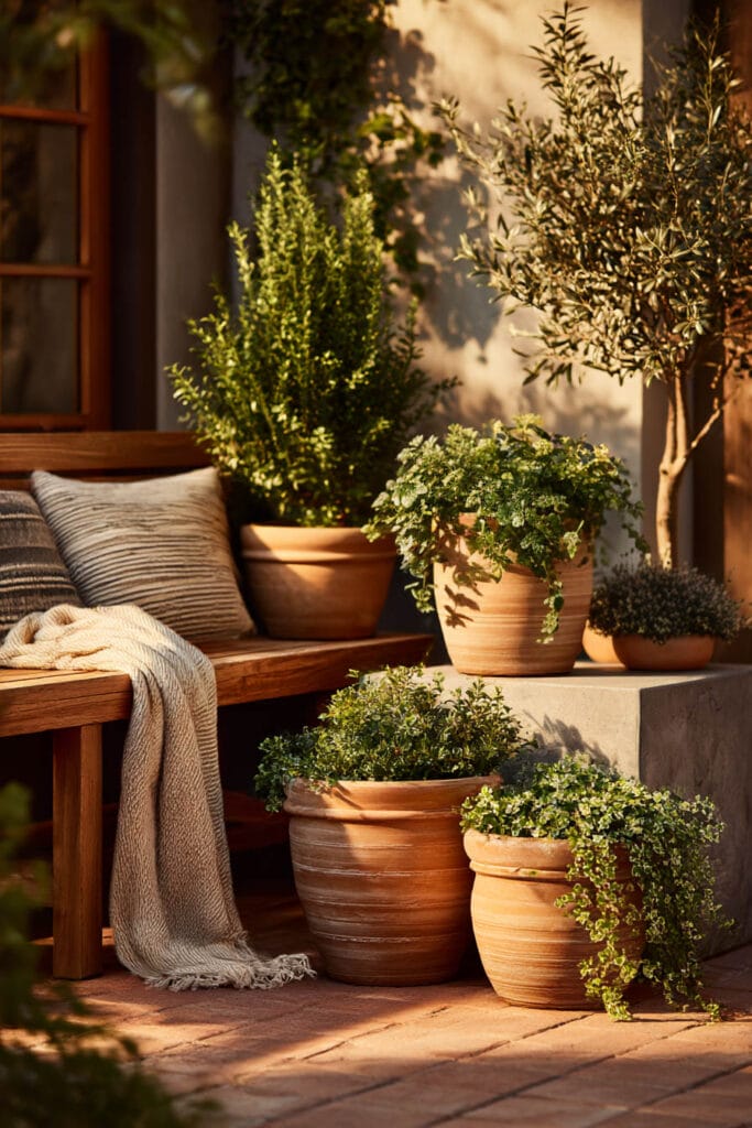Cozy patio corner with terracotta planters featuring mixed greenery and layered plants beside a wooden bench
