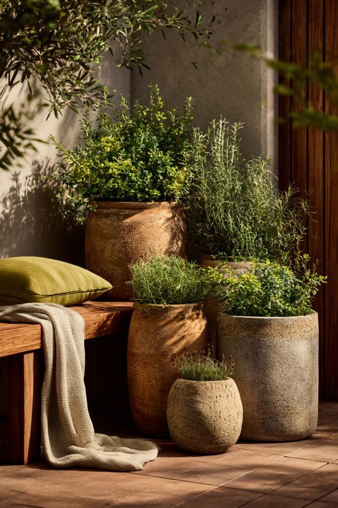 cozy container garden with textured stone and clay planters earthy tones outdoor plants styled patio corner