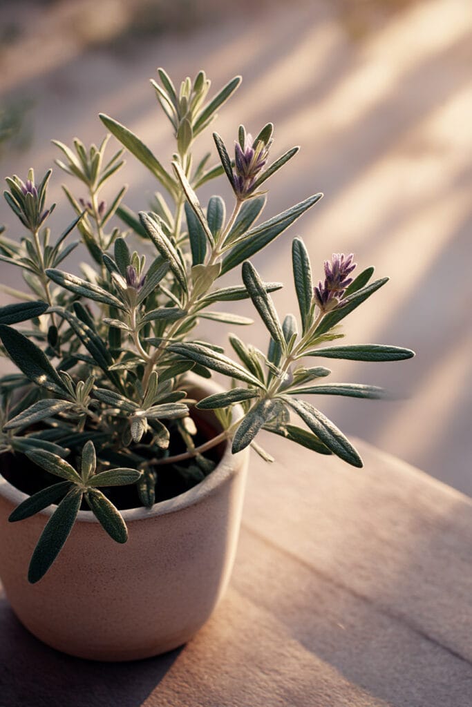 Lavender plant in a ceramic pot placed in warm sunlight, showing a drought tolerant flowering plant that thrives in hot climates and low water conditions