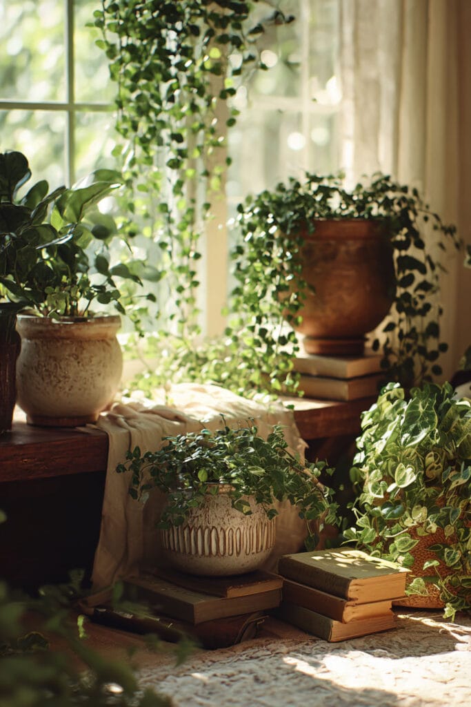 Cozy indoor plant styling with vintage and thrifted pots, layered greenery, books, and warm natural window light