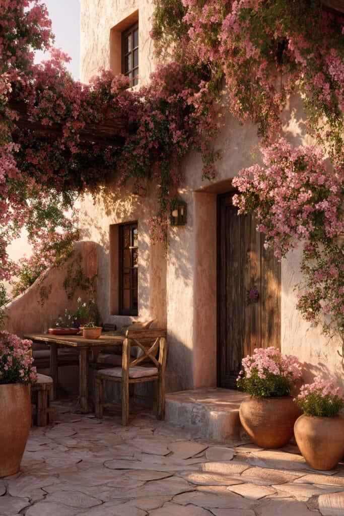 Mediterranean courtyard with pink bougainvillea, terracotta flower pots, rustic outdoor seating, and warm sunlit plaster walls