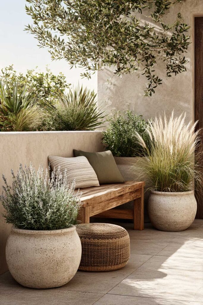 Mediterranean patio with heat-tolerant plants, olive tree, lavender, ornamental grasses, stone planters, and neutral outdoor seating