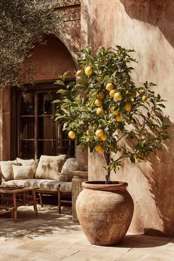 Mediterranean patio with potted lemon tree, terracotta planter, neutral outdoor seating, and warm sunlit courtyard styling