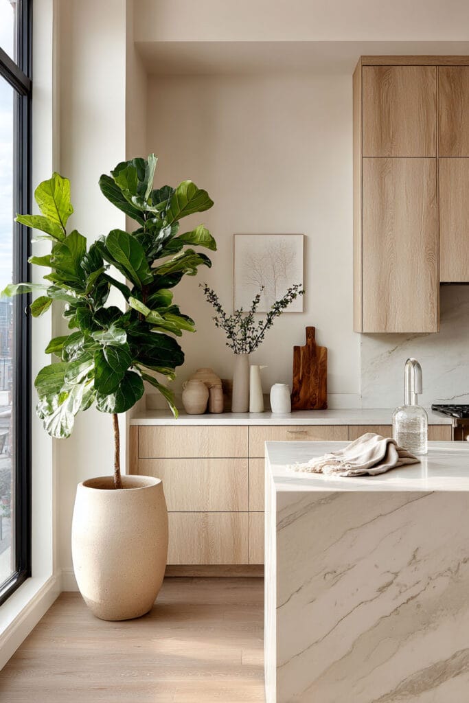Organic modern kitchen with light oak cabinets, marble waterfall island, fiddle leaf fig tree, neutral decor, and natural materials in a bright minimalist space