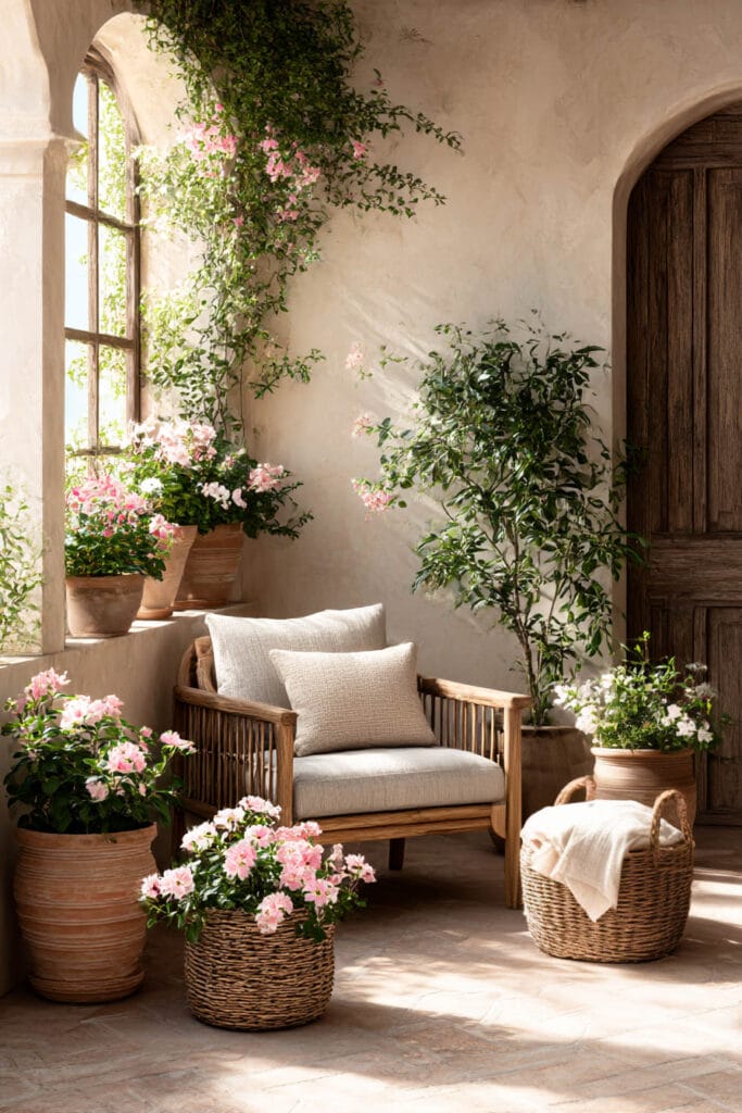 Romantic heat-tolerant flowering plants in terracotta pots on a cozy Mediterranean-style patio with soft pink blooms, wicker baskets, and warm natural sunlight