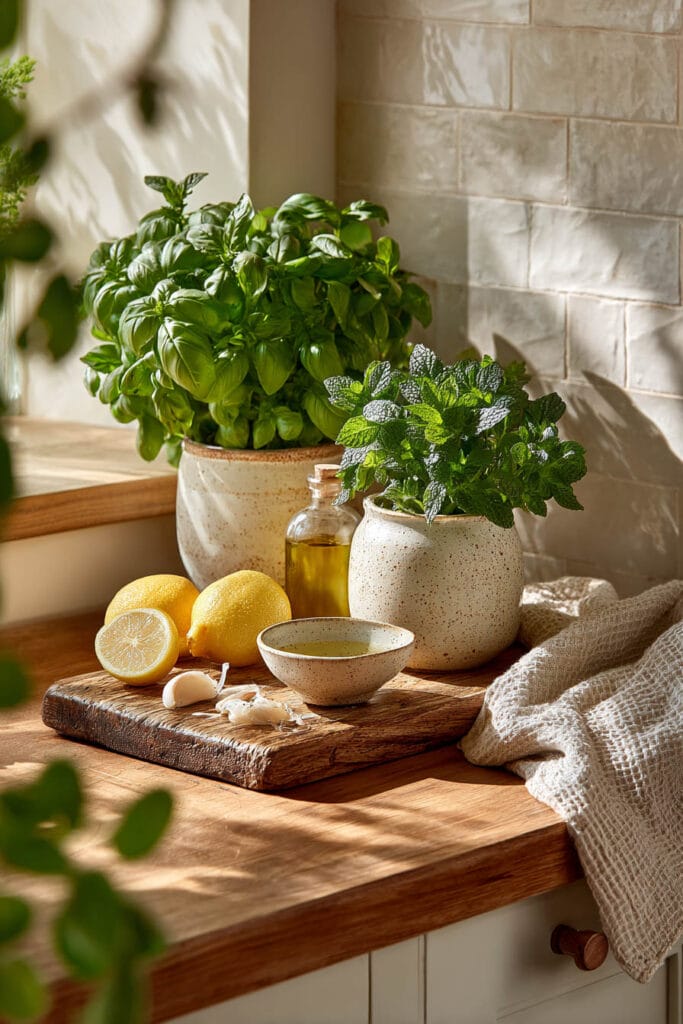 Small kitchen plant styling with basil and mint in ceramic pots on a warm wood countertop with lemons and natural sunlight