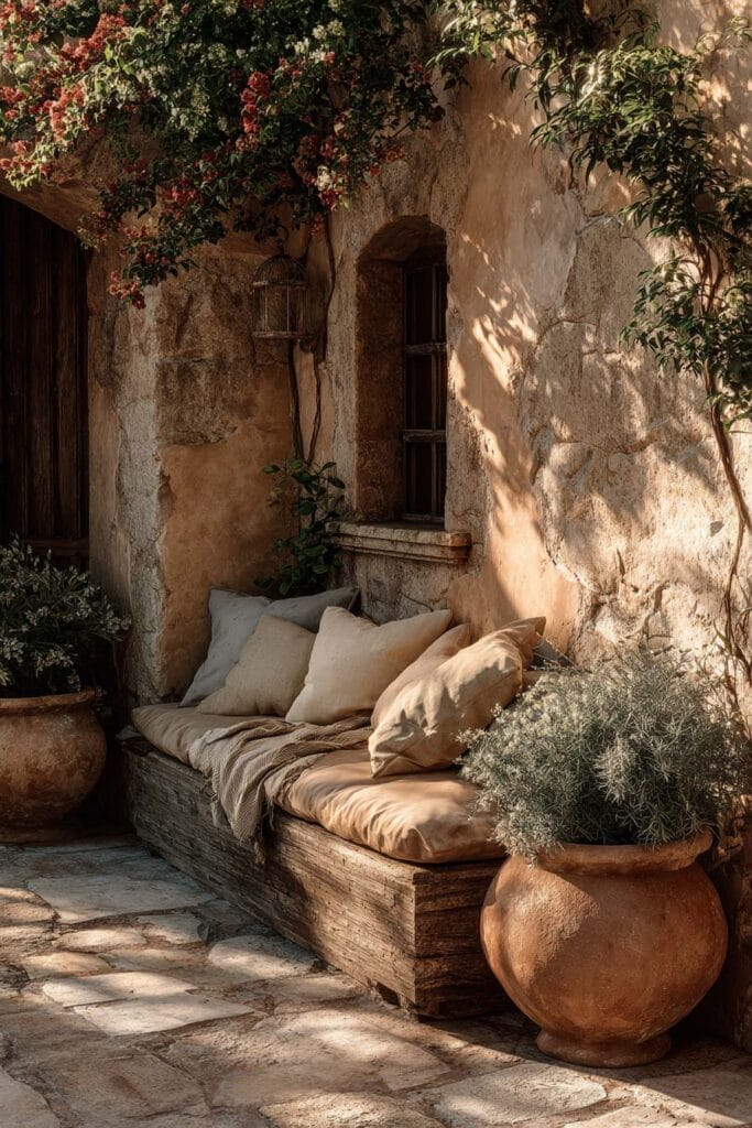 Mediterranean garden seating area with terracotta pots, weathered plaster walls, rustic wood bench, and warm natural sunlight