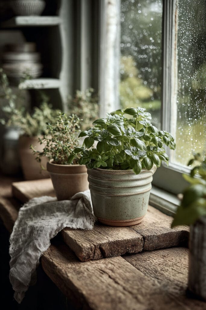 Small kitchen herb plants in rustic ceramic pots styled on a wood countertop beside a rainy window